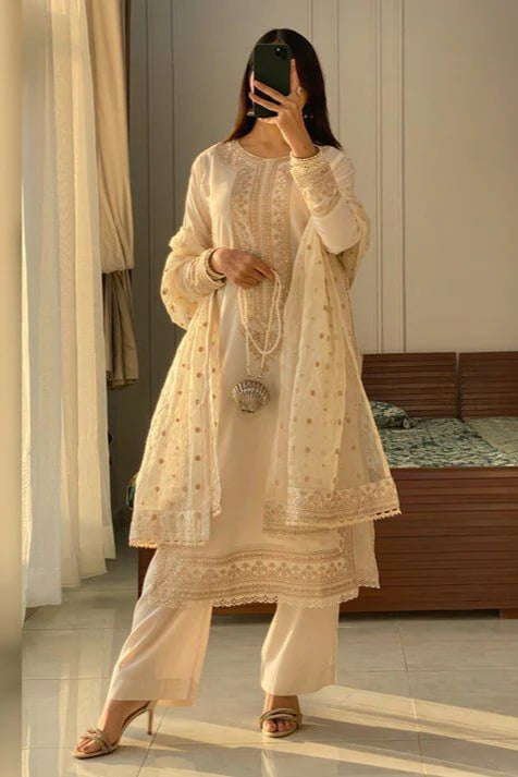 Roman Silk Sequence Embroidered Cotton Work Suit Set