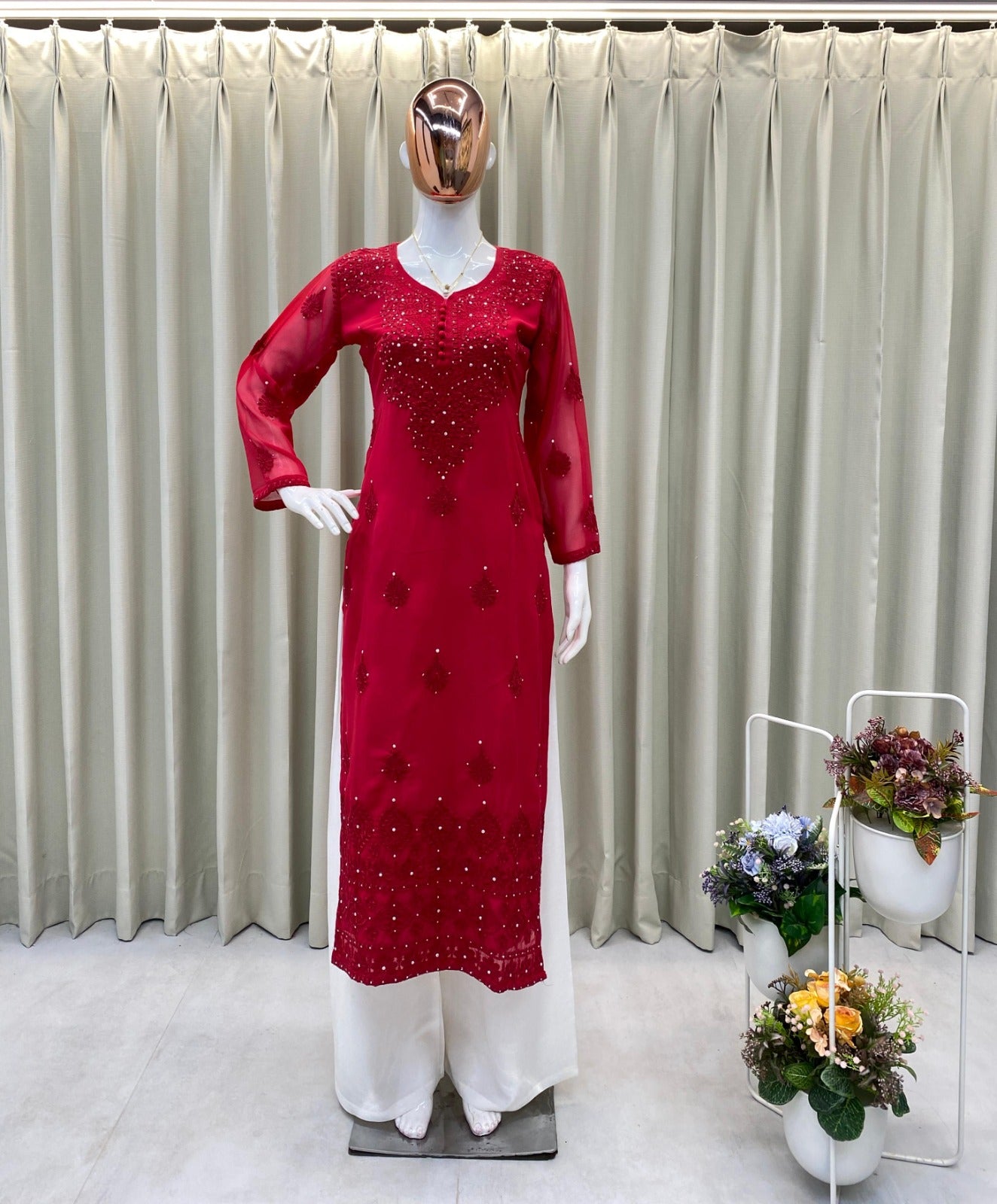 Trending Summer Top With Cotton Thread Embroidered Work & Palazzo