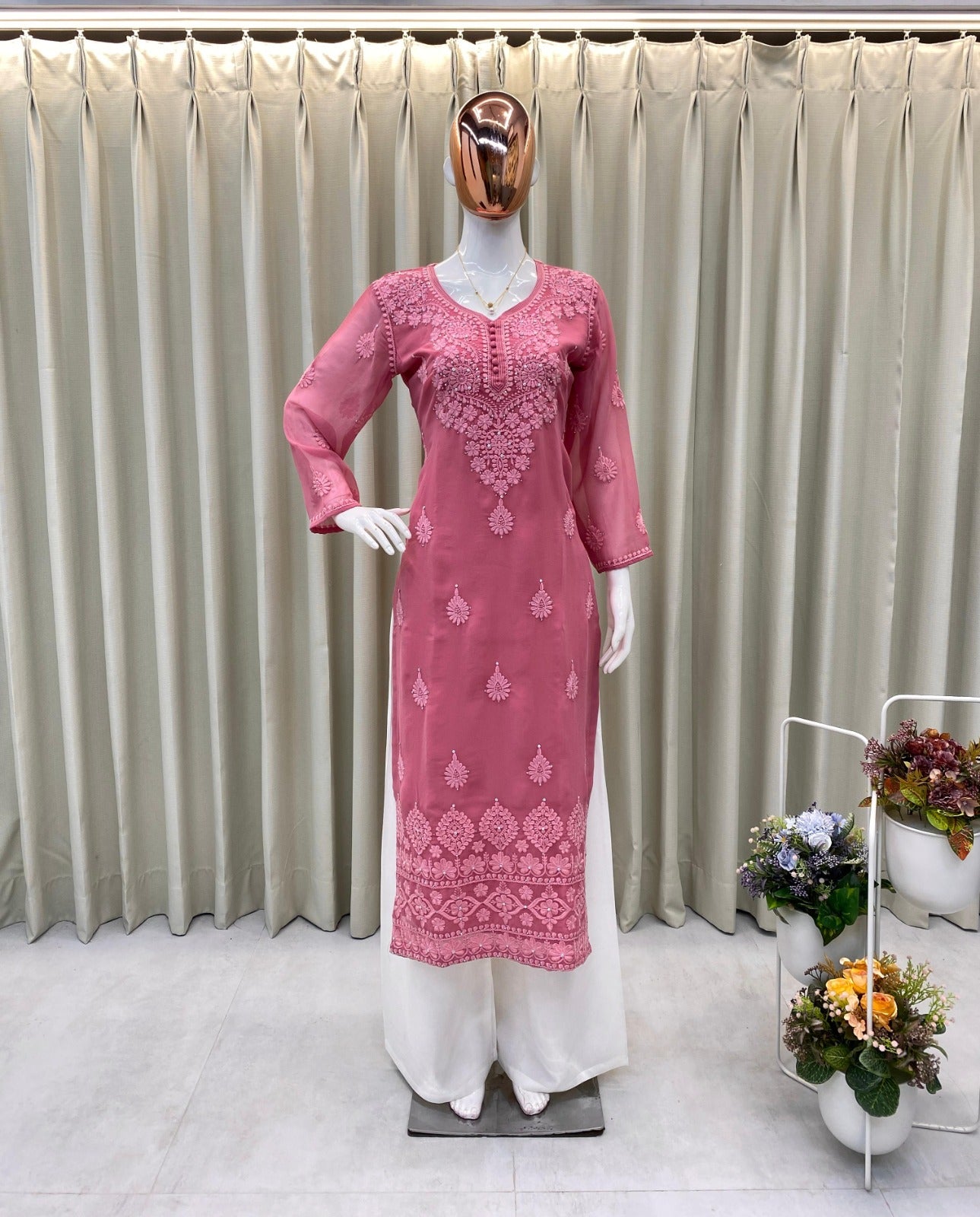 Trending Summer Top With Cotton Thread Embroidered Work & Palazzo