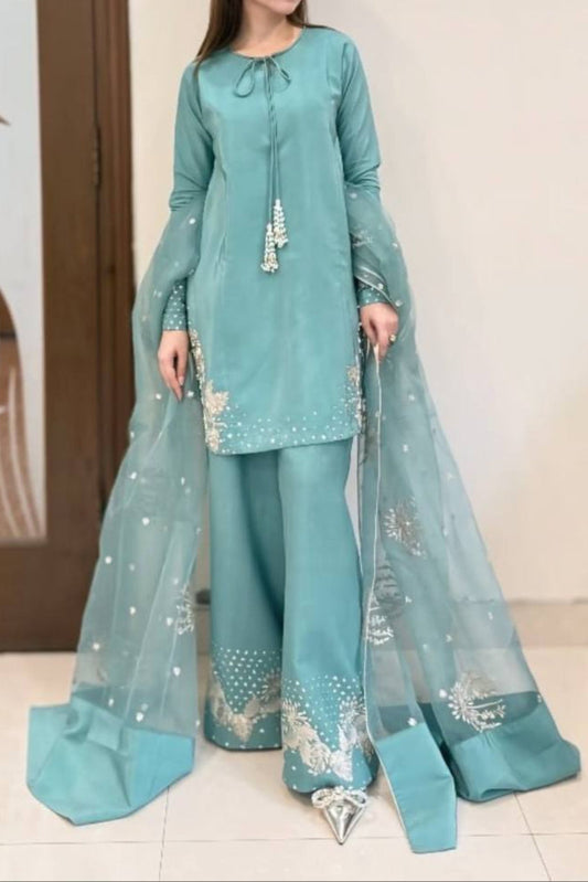 Party Wear Pure Natural Crepe Top & Palazzo Set