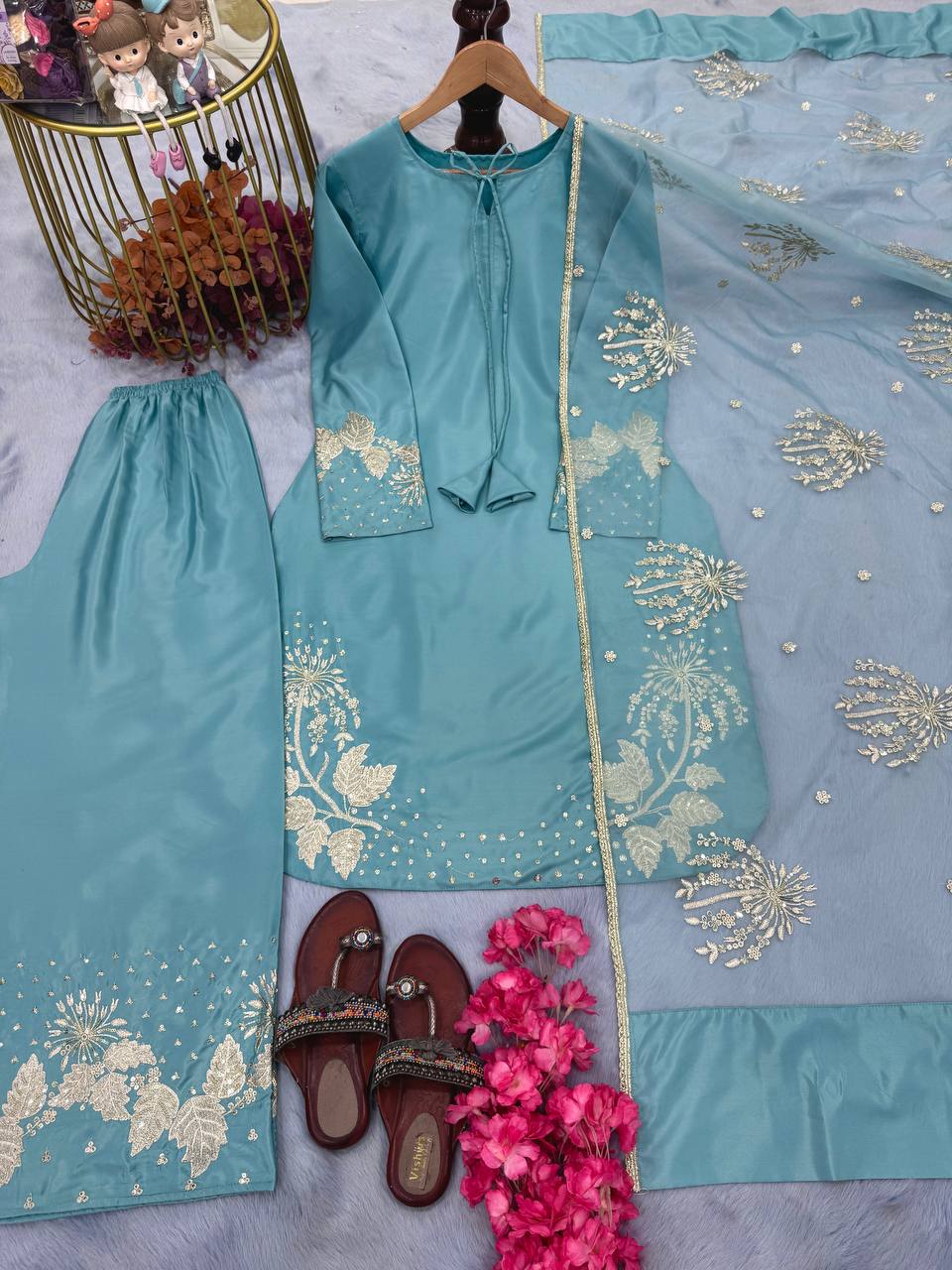 Party Wear Pure Natural Crepe Top & Palazzo Set