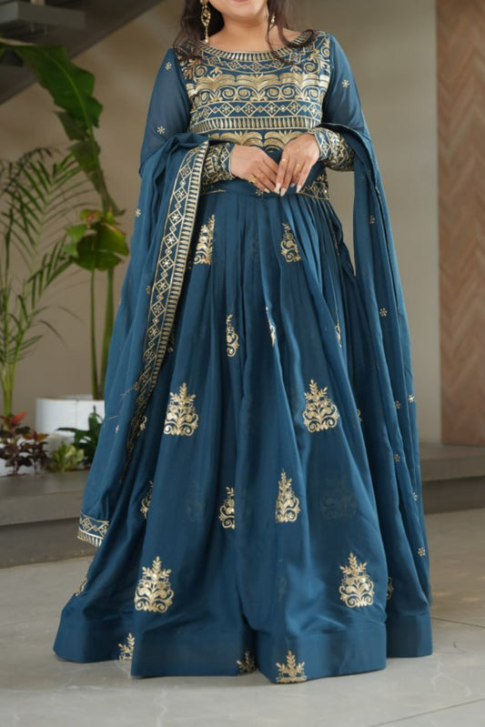 Premium Chinnon Embroidered Work Anarkali With Dupatta