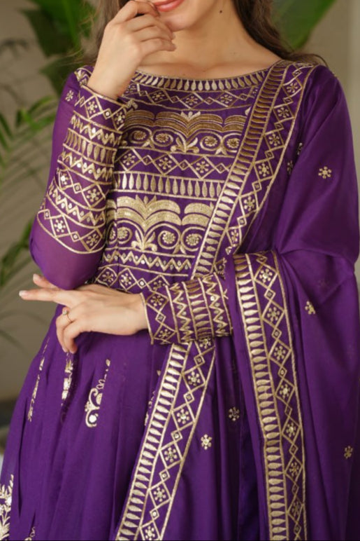 Premium Chinnon Embroidered Work Anarkali With Dupatta