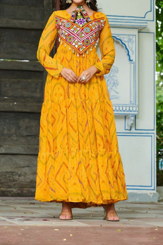 Navratri Special Bandhani Printed Work With With Kutchi Patchwork Gown