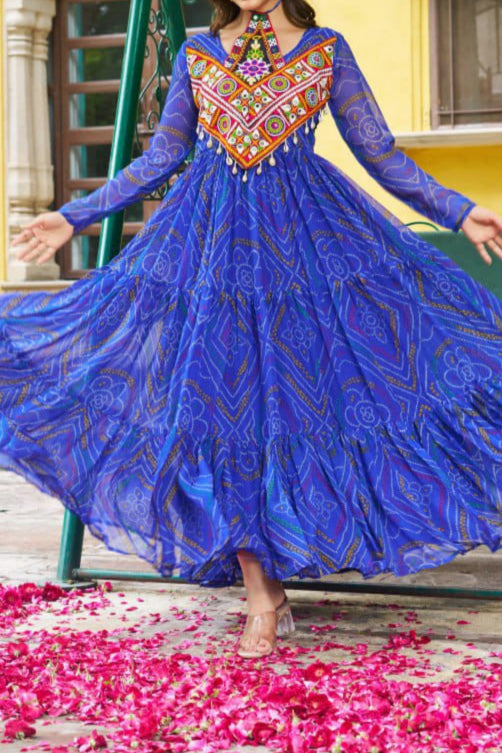 Navratri Special Bandhani Printed Work With With Kutchi Patchwork Gown