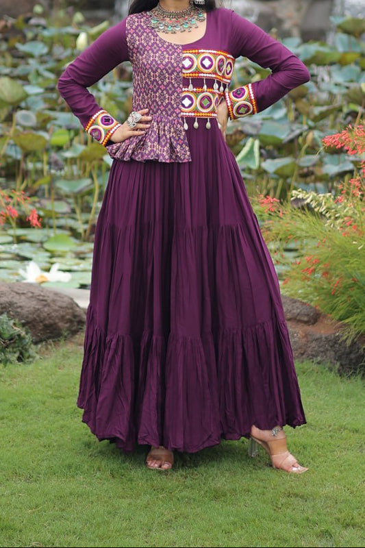 Kutchi Gamthi Embroidered Work & Cotton Print Work Gown With 12 meter Heavy Flair