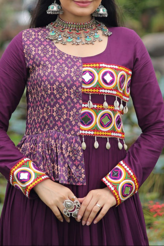 Kutchi Gamthi Embroidered Work & Cotton Print Work Gown With 12 meter Heavy Flair