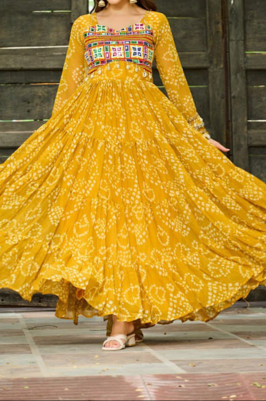 Navratri Special 12 meter heavy flair Gown With Bandhani Printed Work With Kutchi Patchwork