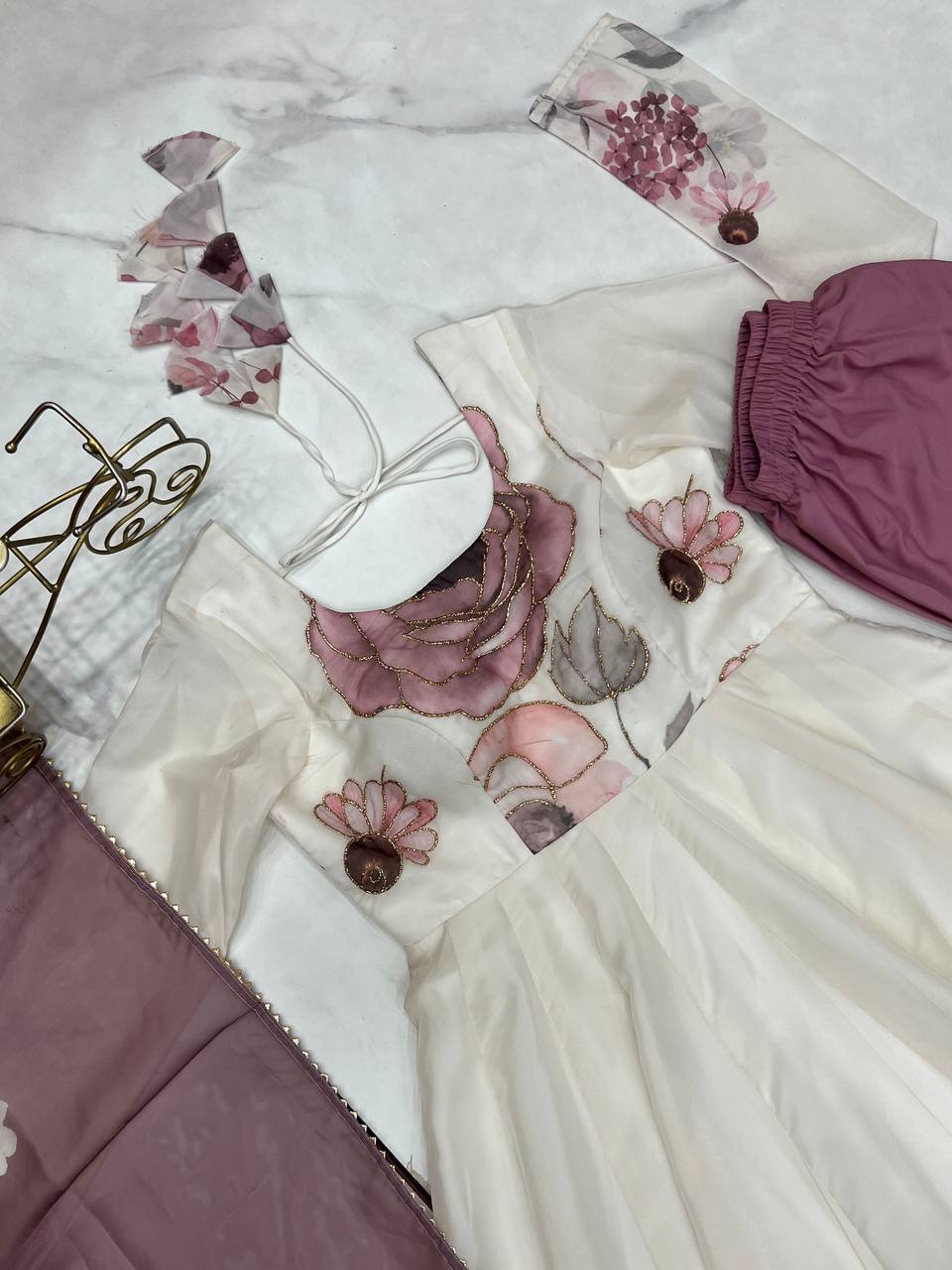 pink floral printed organza anarkali suit set for the upcoming festivities and wedding