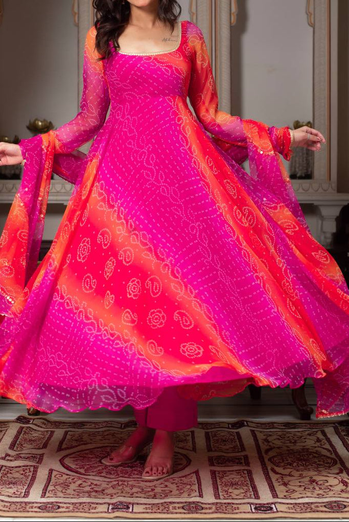 Bandhni Digital Print Trending Party Wear Anarkali Suit Set