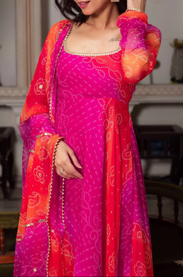 Bandhni Digital Print Trending Party Wear Anarkali Suit Set