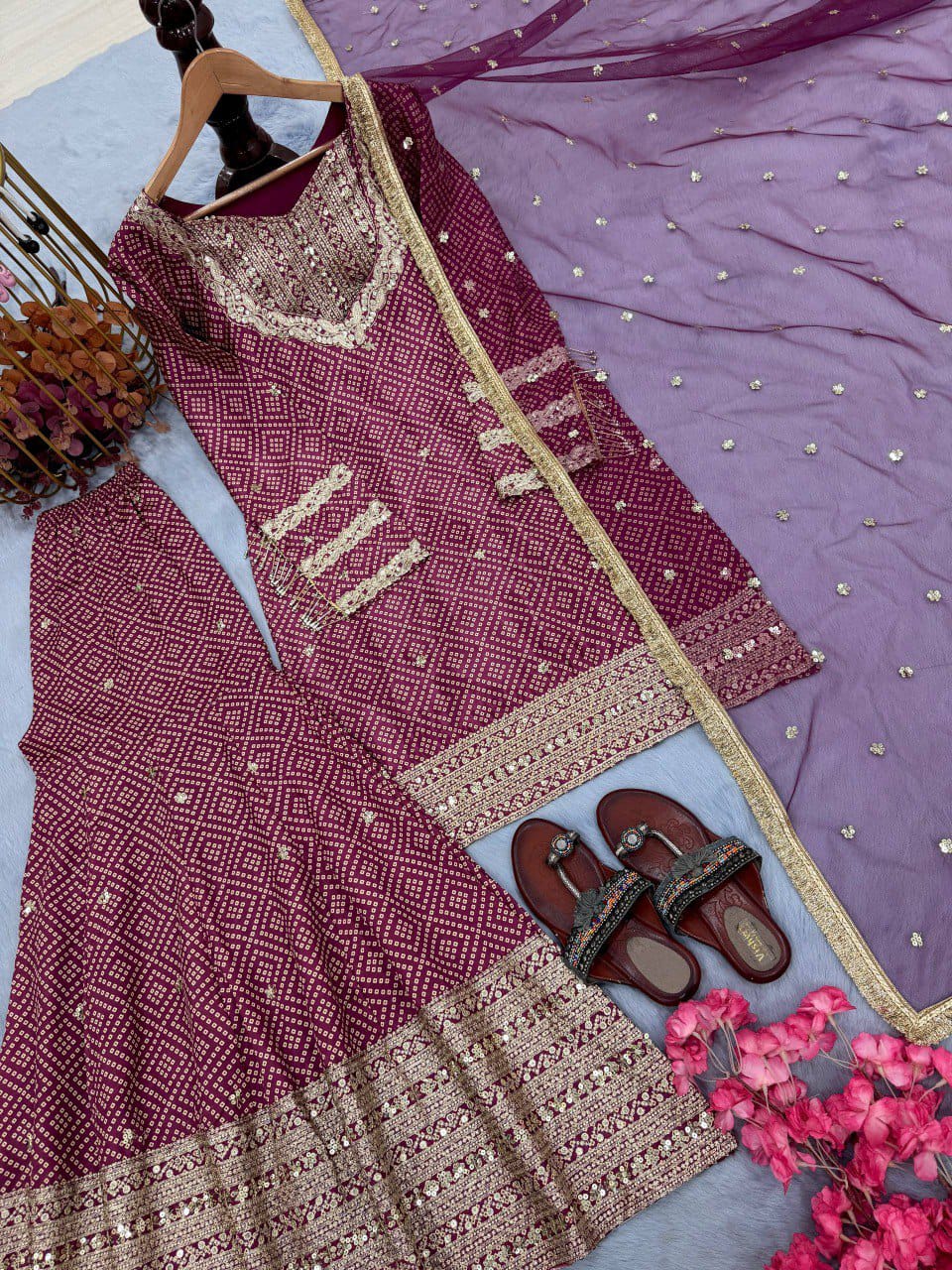 Printed Chinon Silk Top-Blouse & Palazzo With Dupatta set