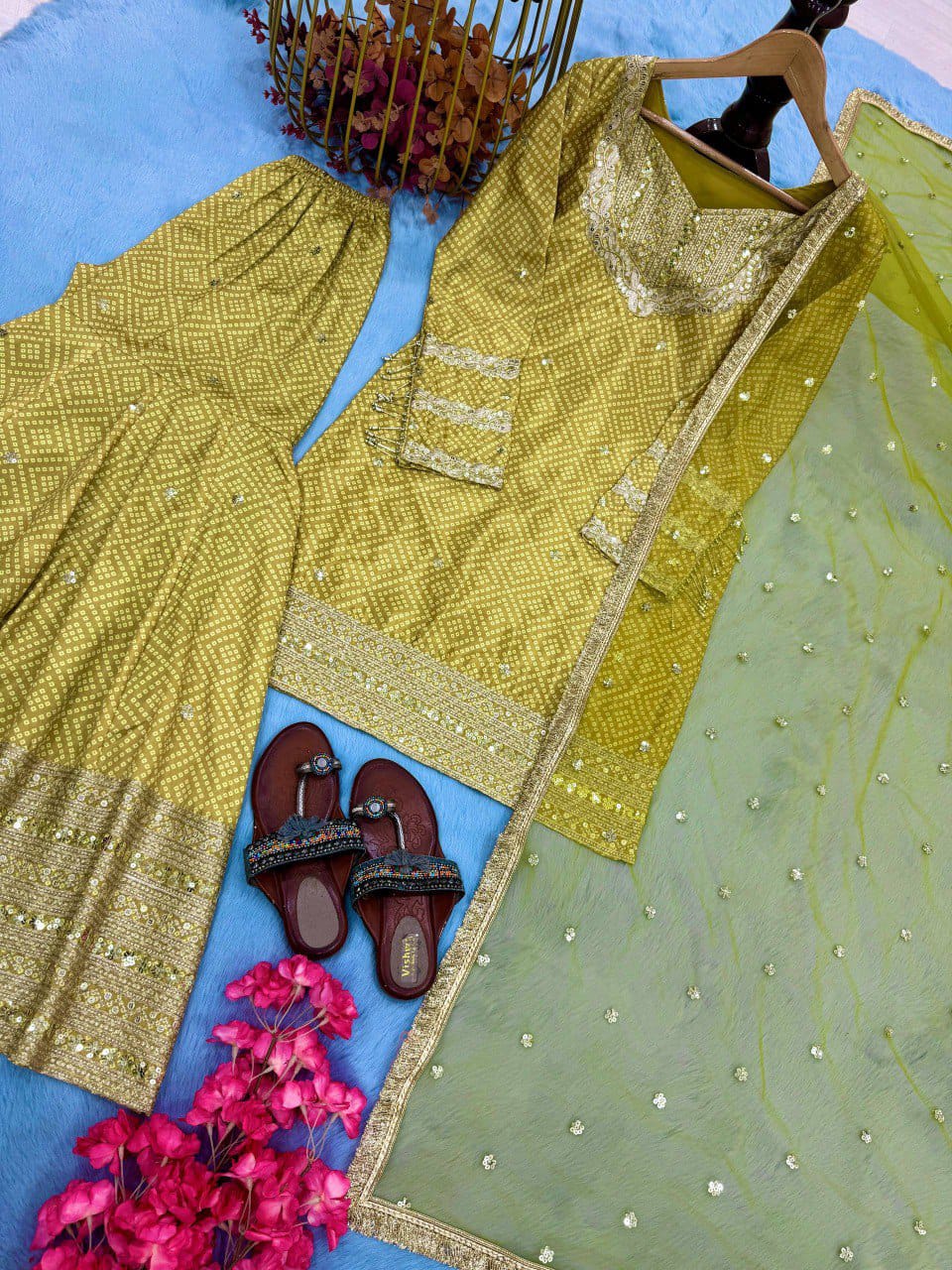 Printed Chinon Silk Top-Blouse & Palazzo With Dupatta set