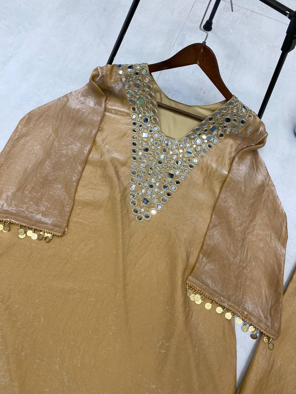 Embroidery Work With Real Mirror coin Lace On Border Work Top Plazzo