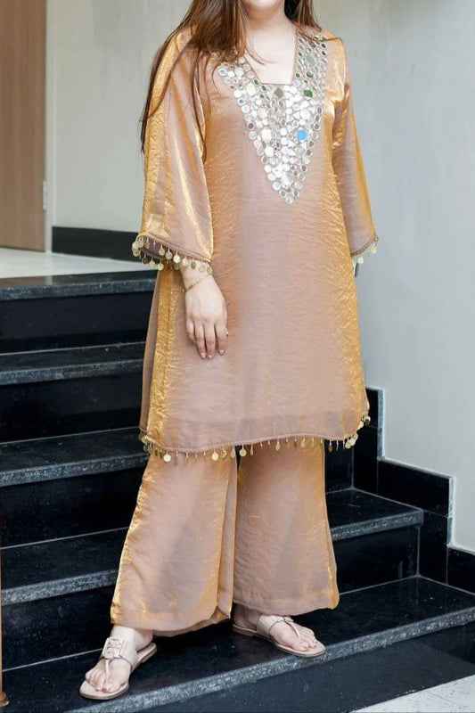 Embroidery Work With Real Mirror coin Lace On Border Work Top Plazzo