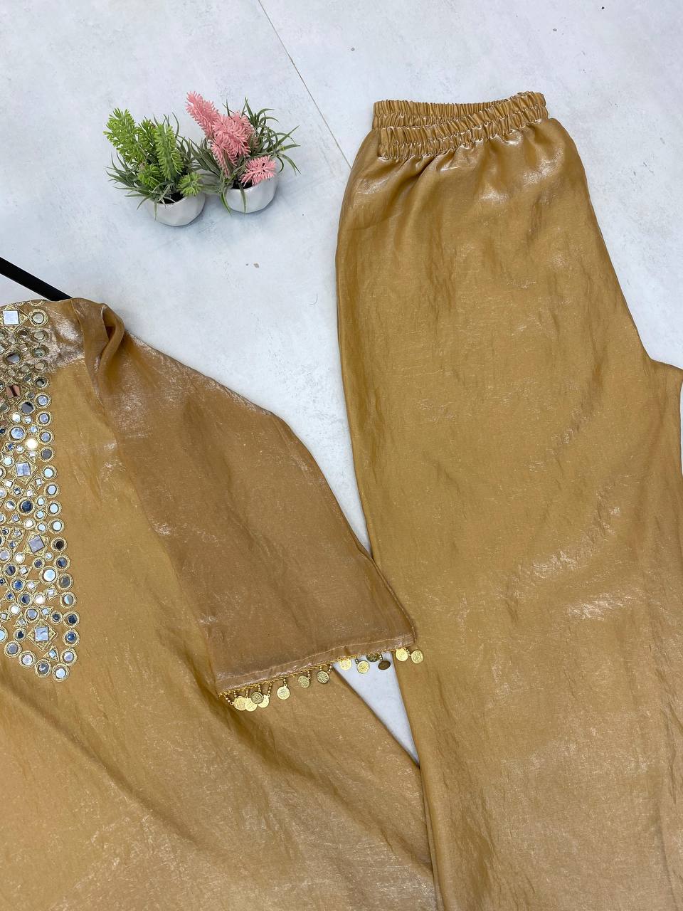 Embroidery Work With Real Mirror coin Lace On Border Work Top Plazzo