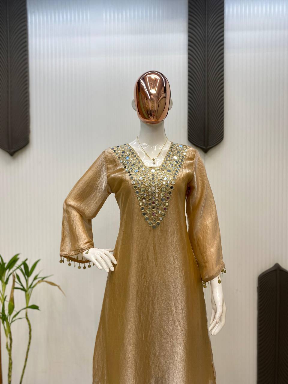 Embroidery Work With Real Mirror coin Lace On Border Work Top Plazzo