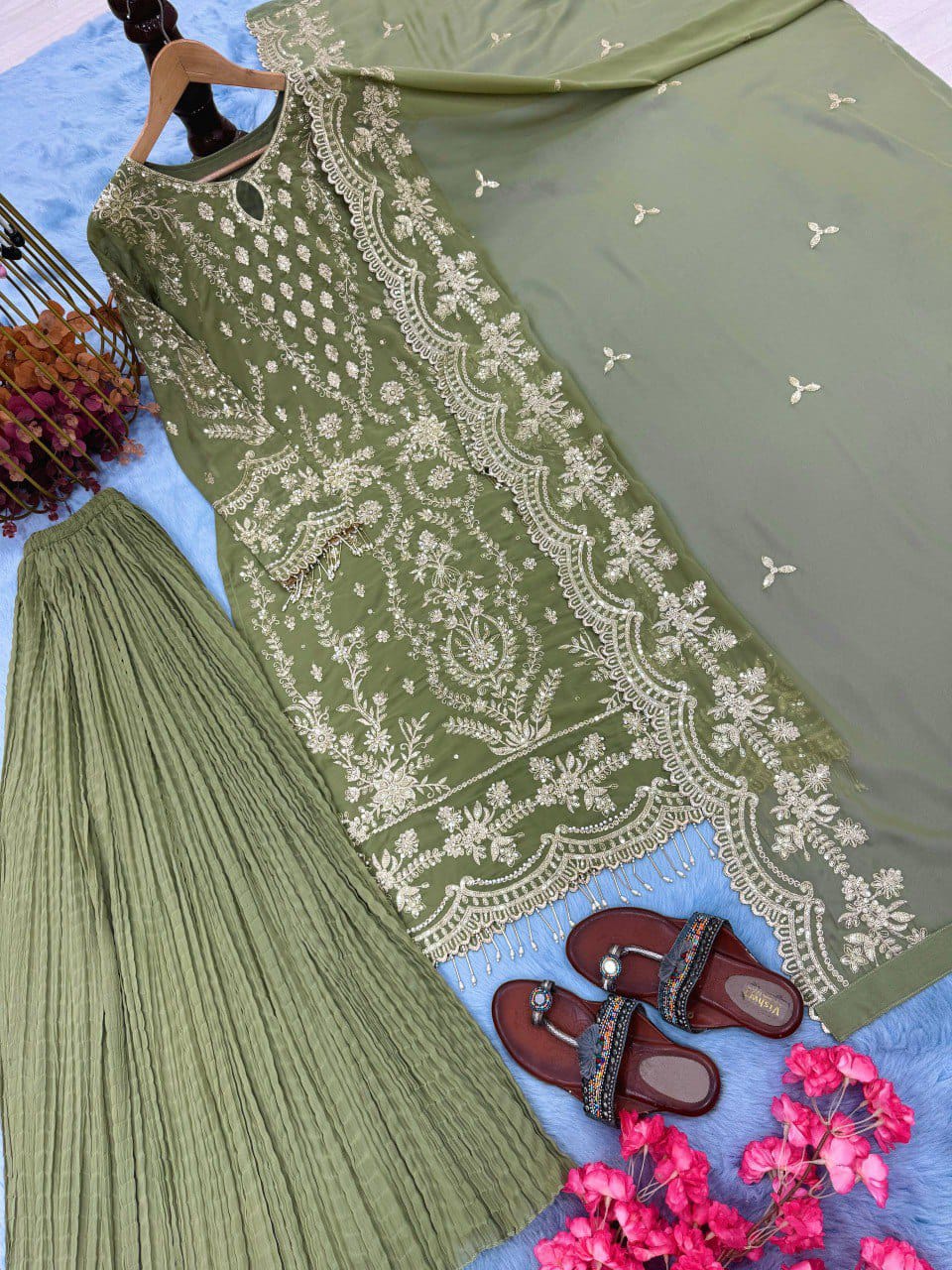 Designer Party Wear Look Pure Heavy Faux Georgette Top Palazzo  Set