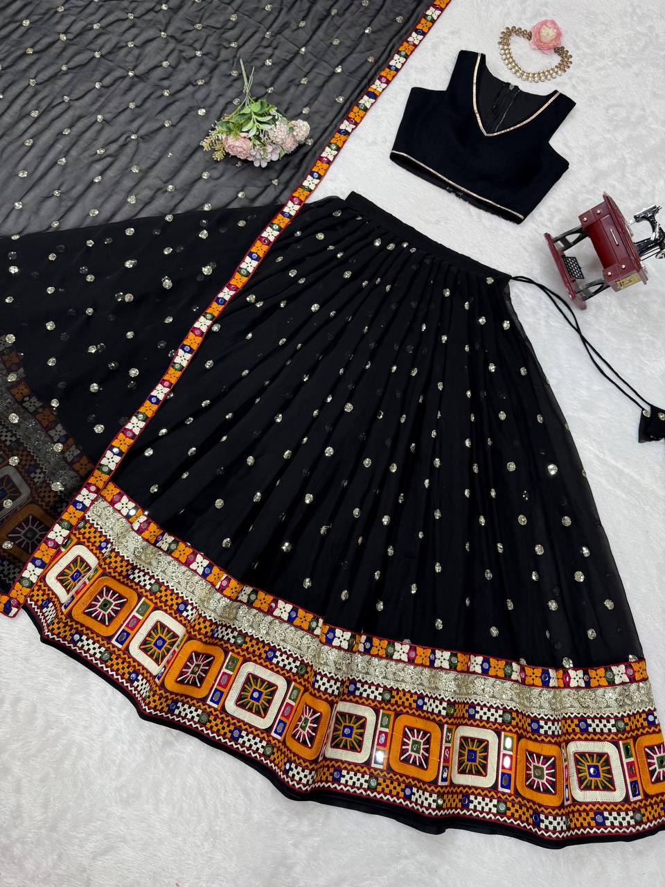 Navratri Special Gamthi Thred Work With Real Mirror🪞Sequnce work Lehenga Choli
