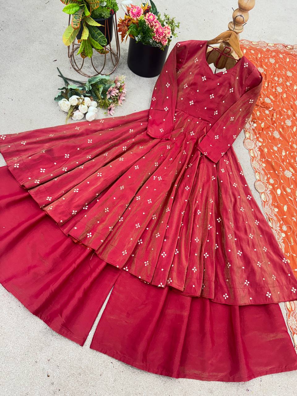 Designer Embroidery Sequence Work With Fully Flair Gown And Plazzo With Dupatta