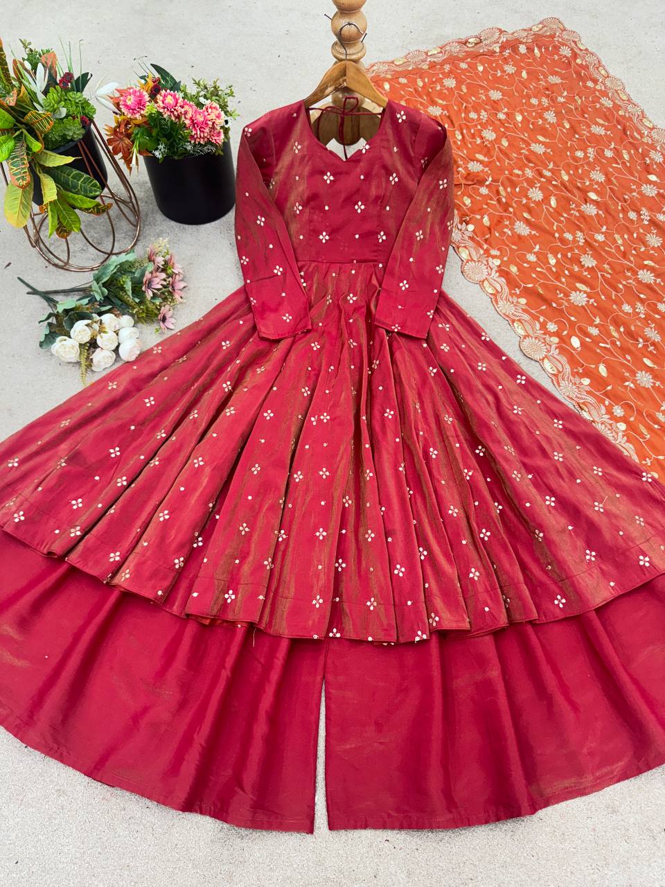 Designer Embroidery Sequence Work With Fully Flair Gown And Plazzo With Dupatta