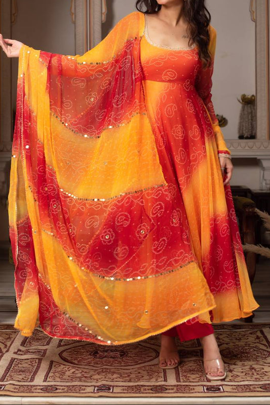 Bandhni Digital Print Trending Party Wear Anarkali Suit Set