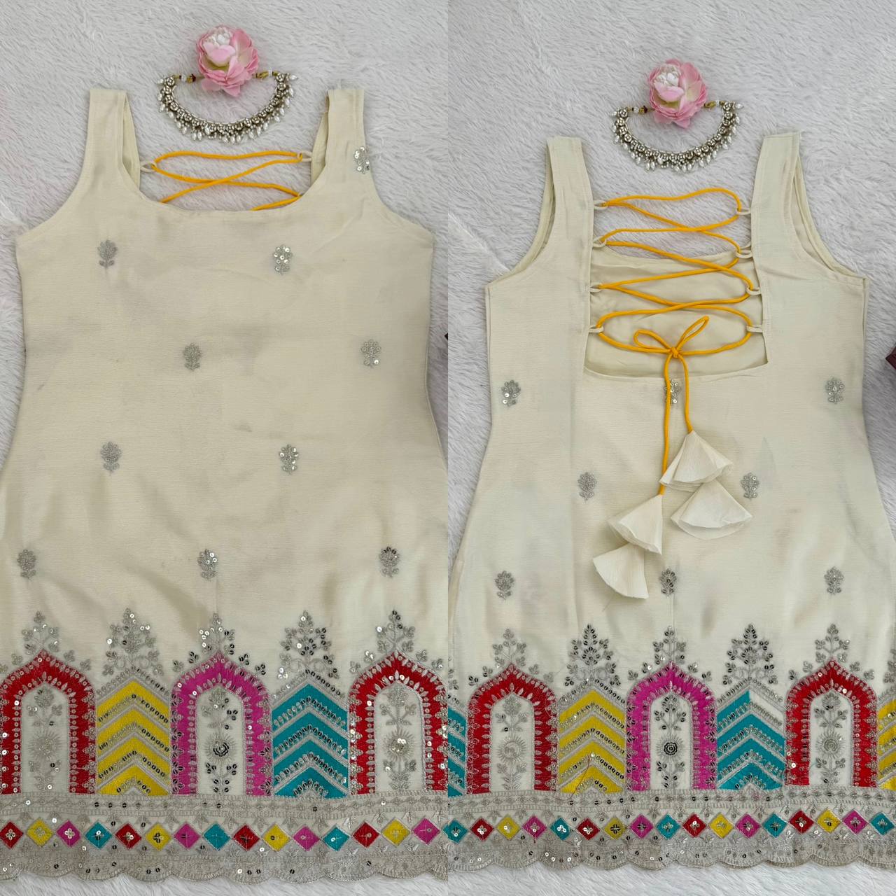 Designer Chinon Silk Thread & Sequence Work Sharara Suit Set