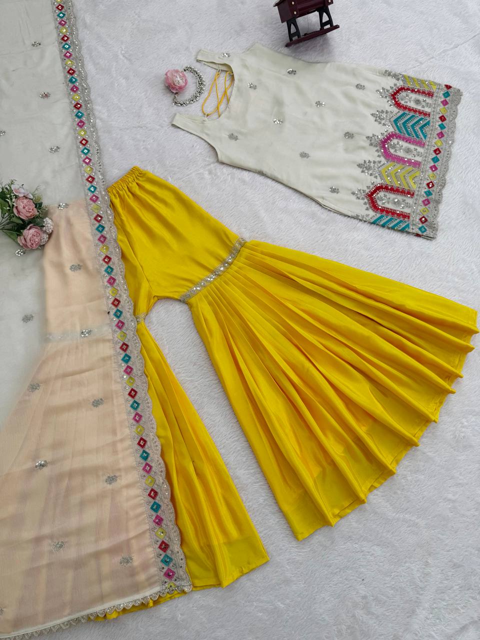 Designer Chinon Silk Thread & Sequence Work Sharara Suit Set