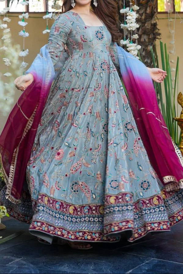 Party Wear Jimmy Organza Silk Digital Print Anarkali Suit Set