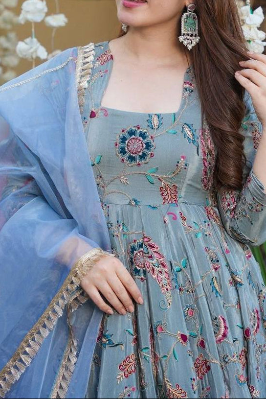 Party Wear Jimmy Organza Silk Digital Print Anarkali Suit Set