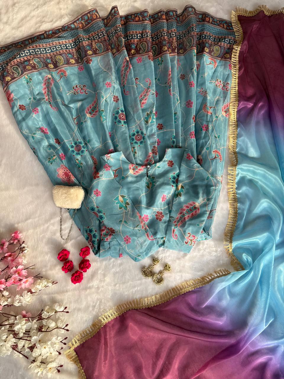 Party Wear Jimmy Organza Silk Digital Print Anarkali Suit Set