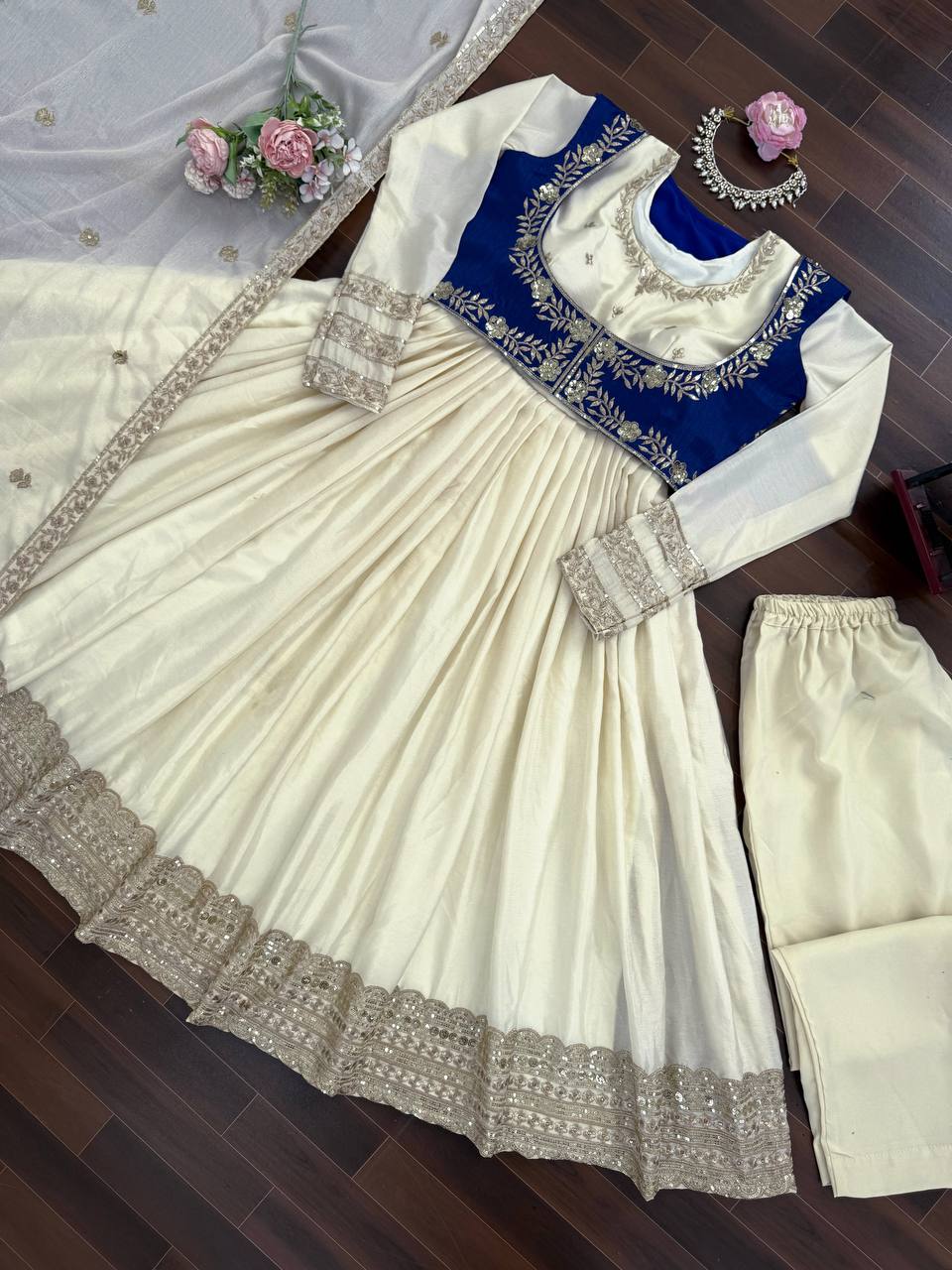 Chinon Silk Thread & Sequence Work Anarkali Set With Koti