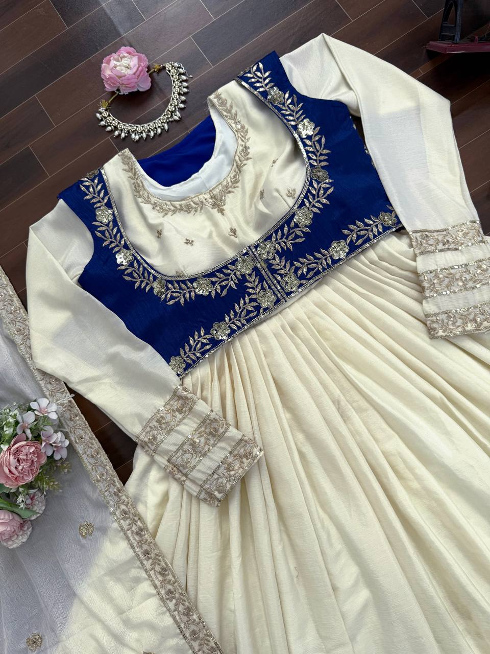 Chinon Silk Thread & Sequence Work Anarkali Set With Koti