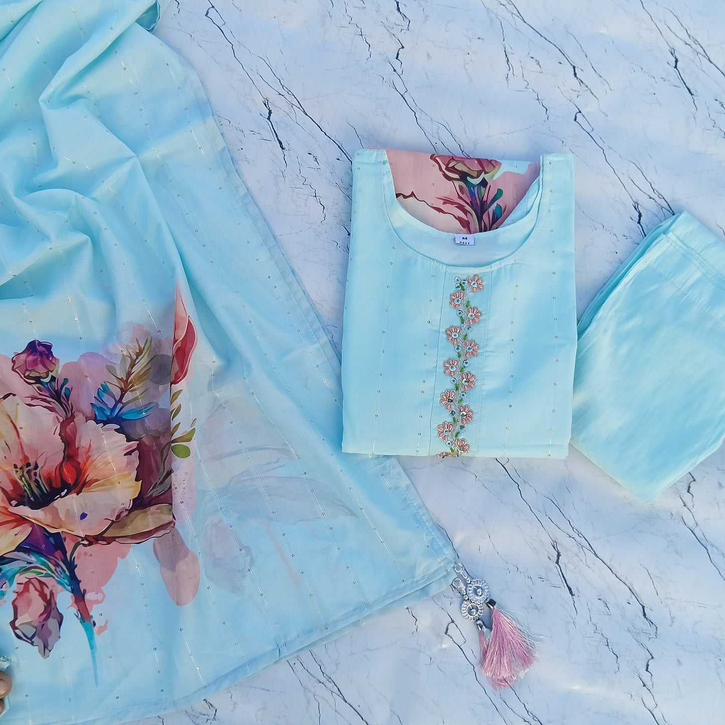 Elegant Aqua-Blue Floral Handwork  Dress