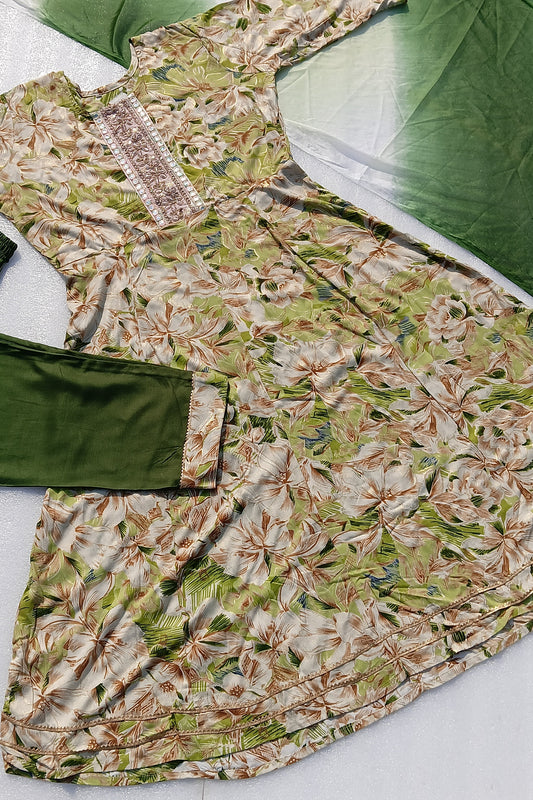Floral Printed Kurta Set with Embellished Neckline & Dupatta
