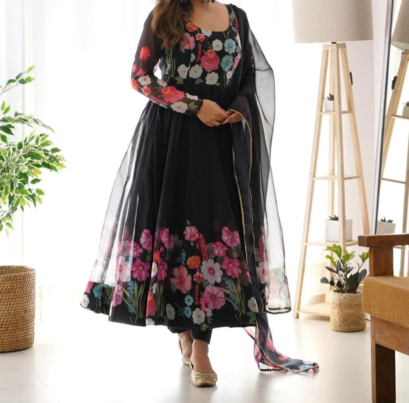 Flower Digital Print Organza Anarkali Suit