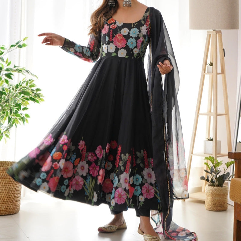 Flower Digital Print Organza Anarkali Suit