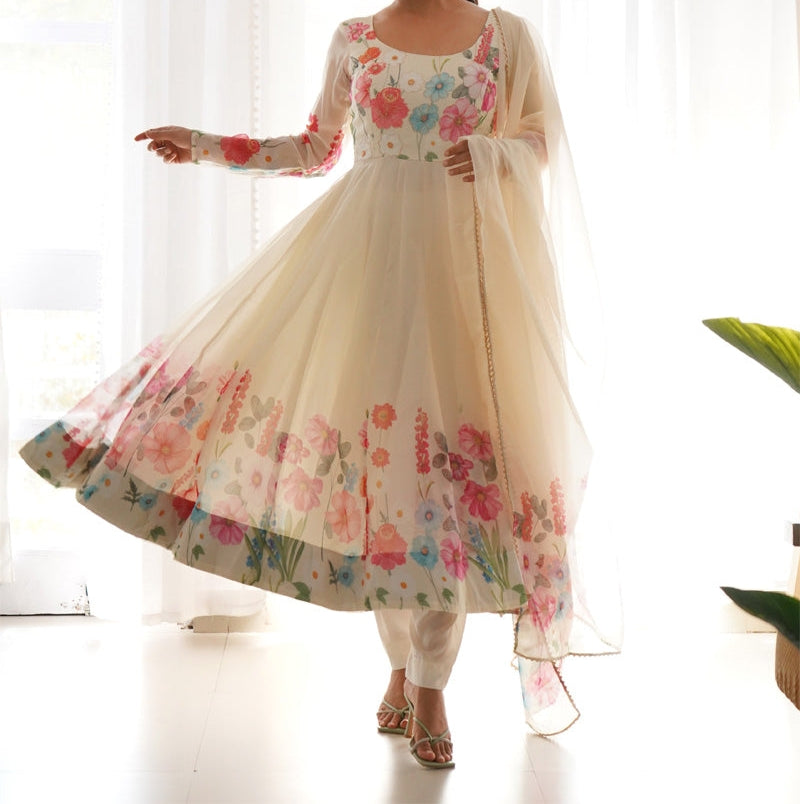 Flower Digital Print Organza Anarkali Suit