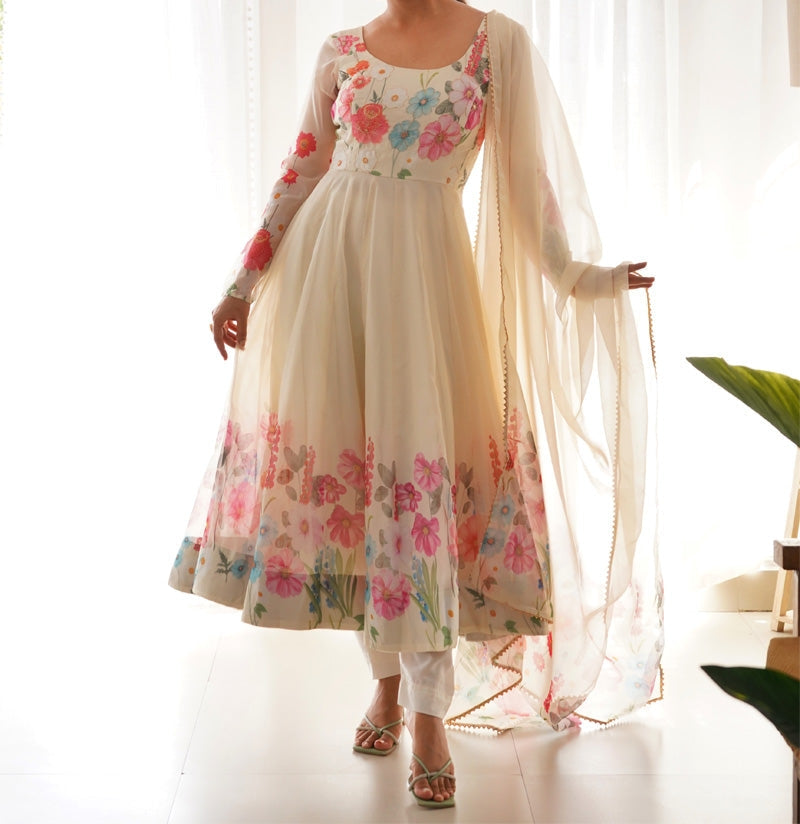 Flower Digital Print Organza Anarkali Suit