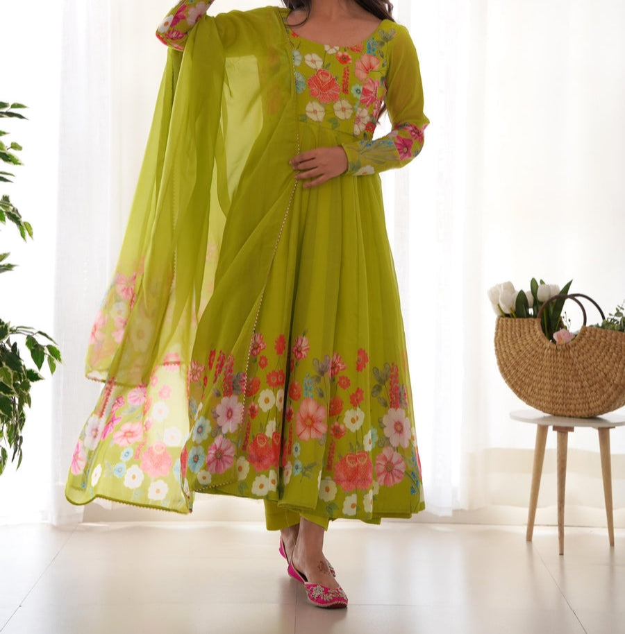 Flower Digital Print Organza Anarkali Suit