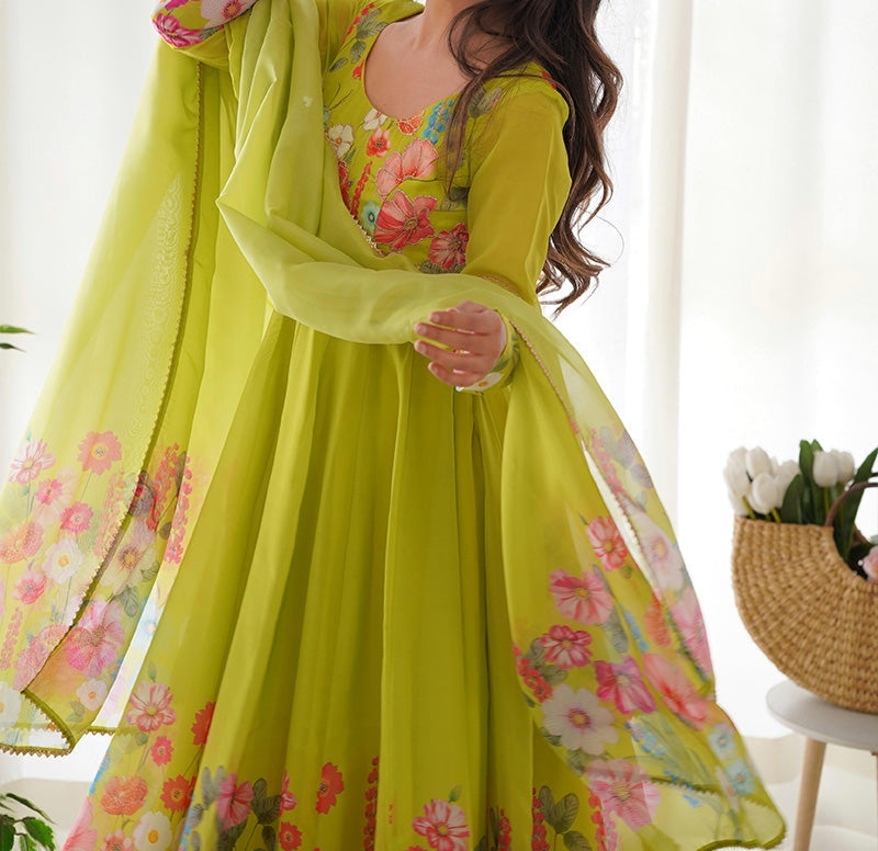 Flower Digital Print Organza Anarkali Suit