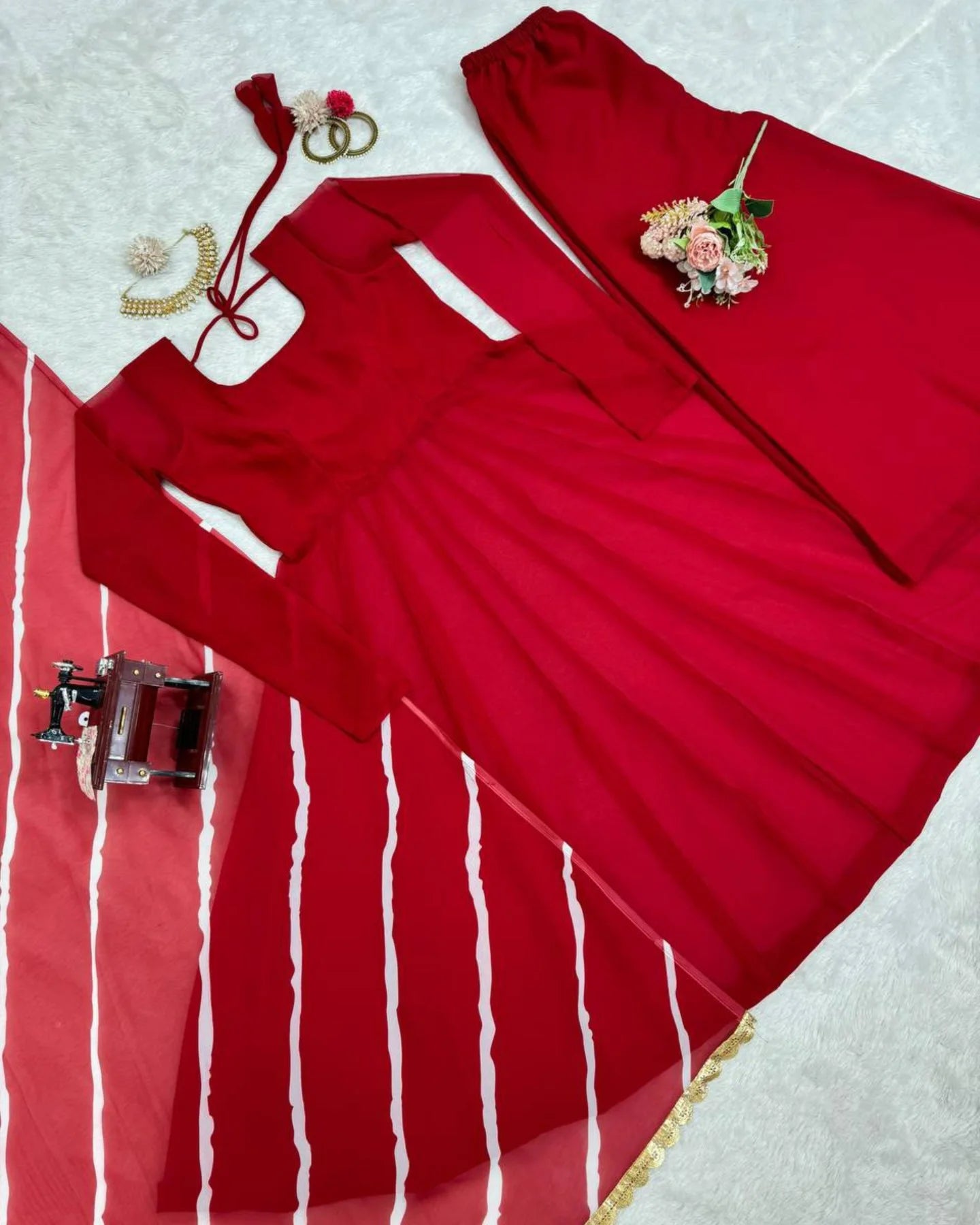 Red Anarkali Suit With Digital Print Dupatta