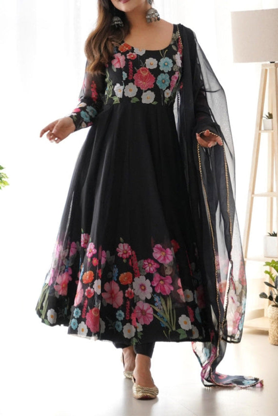 Flower Digital Print Organza Anarkali Suit