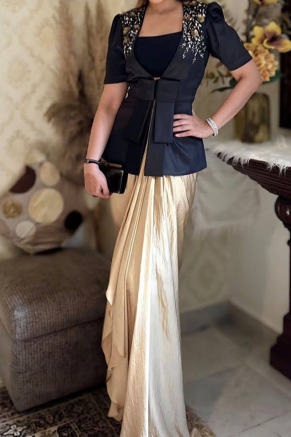 Party Wear French Crape & Satin Blouse Dhoti & Blazer