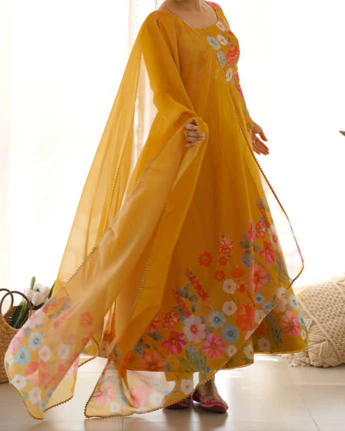 Flower Digital Print Organza Anarkali Suit