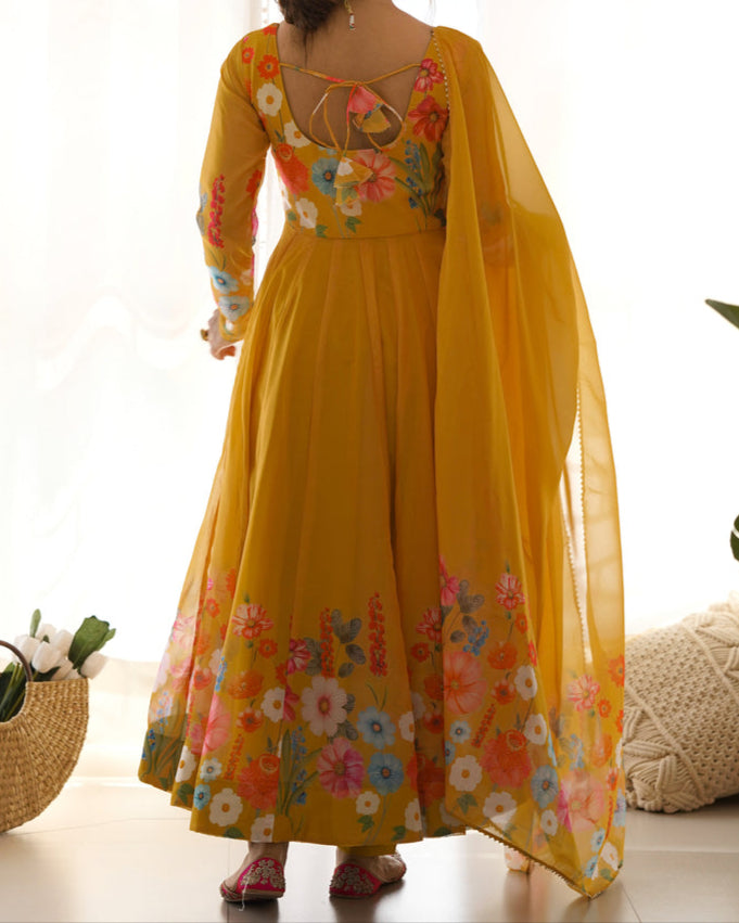 Flower Digital Print Organza Anarkali Suit