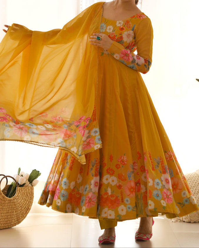 Flower Digital Print Organza Anarkali Suit