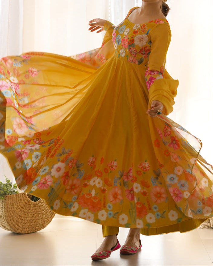 Flower Digital Print Organza Anarkali Suit