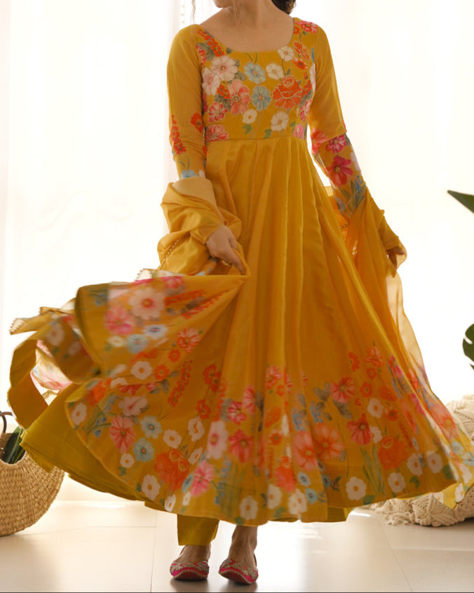 Flower Digital Print Organza Anarkali Suit