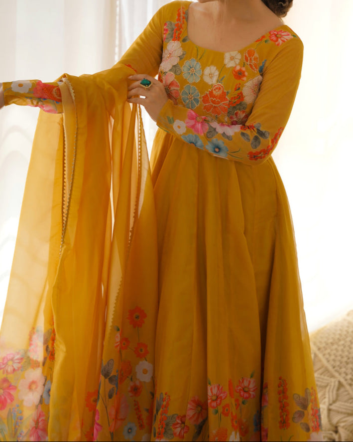 Flower Digital Print Organza Anarkali Suit